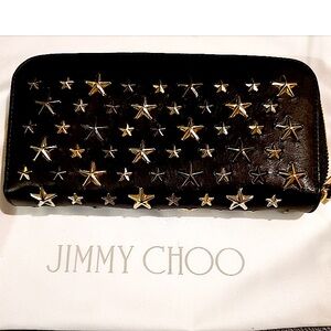 Jimmy Choo Black Leather Silver Star Studded Continental Wallet NEW